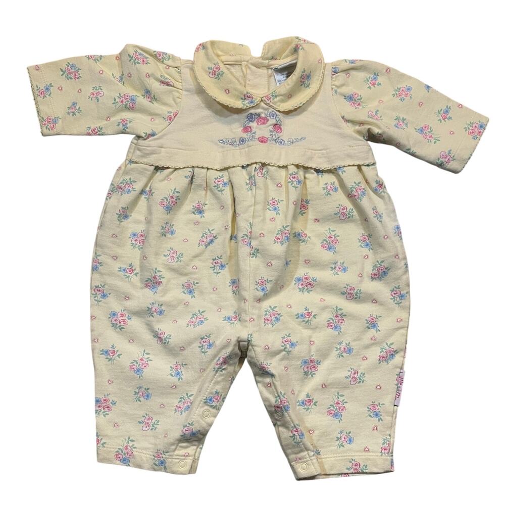 Vintage Baby Girl Romper 3M Floral Cottagecore Peter Pan Collar One Piece Yellow